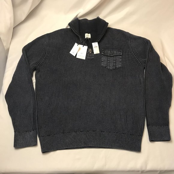 Gap Sweater Men's Large Fisherman Heavyweight Cable Knit Blue 1/4 Zip Neck NEW - Picture 1 of 11